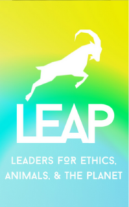 Yellow, green, blue background image. Graphic of a goat leaping with text reading "LEAP: Leaders for ethics, animals, and the planet".